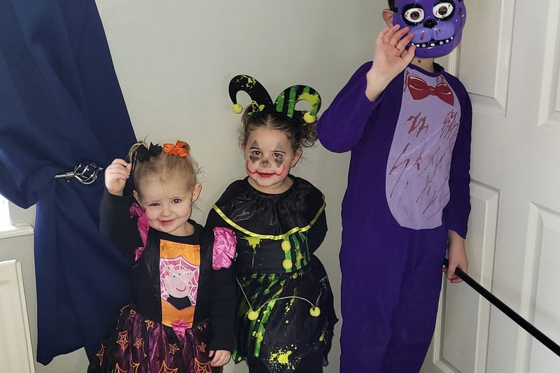 Sadie Grace, aged two, Delilah-Rae, aged three and Owen, aged seven pose for Halloween
Credit: Brogan McFarlane