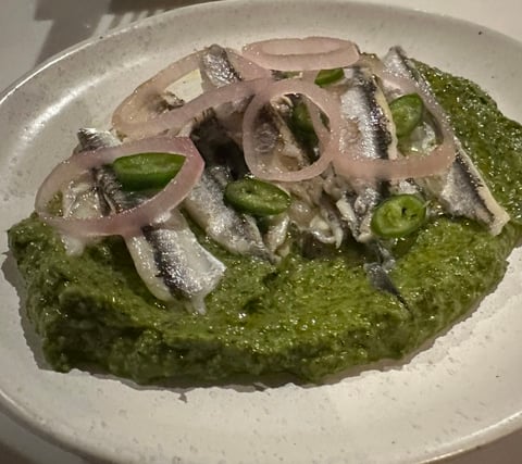 Anchovies, coriander, jalapeno, pickled shallot. Not something I would ordinarily try but the anchovies zinged with a sharp taste of the sea. Demolished thoughtfully.