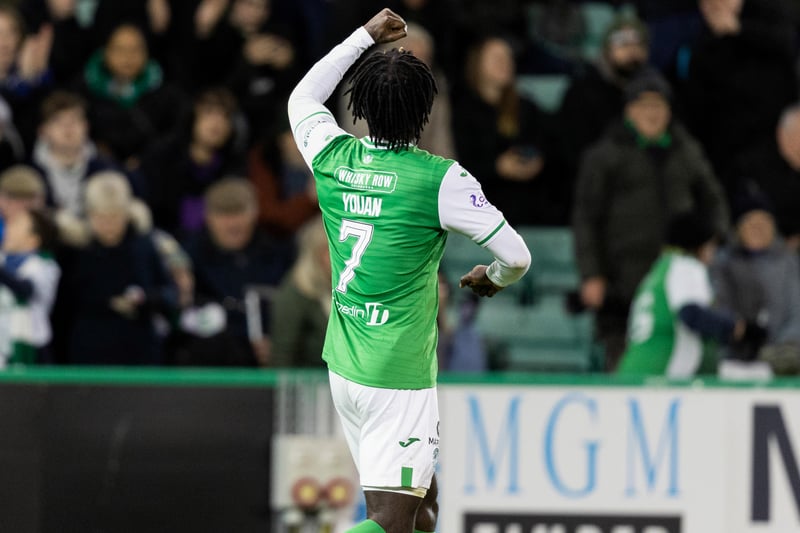 Elie Youan celebrates his seventh goal of the season as the Frenchman powers Hibs into the lead.