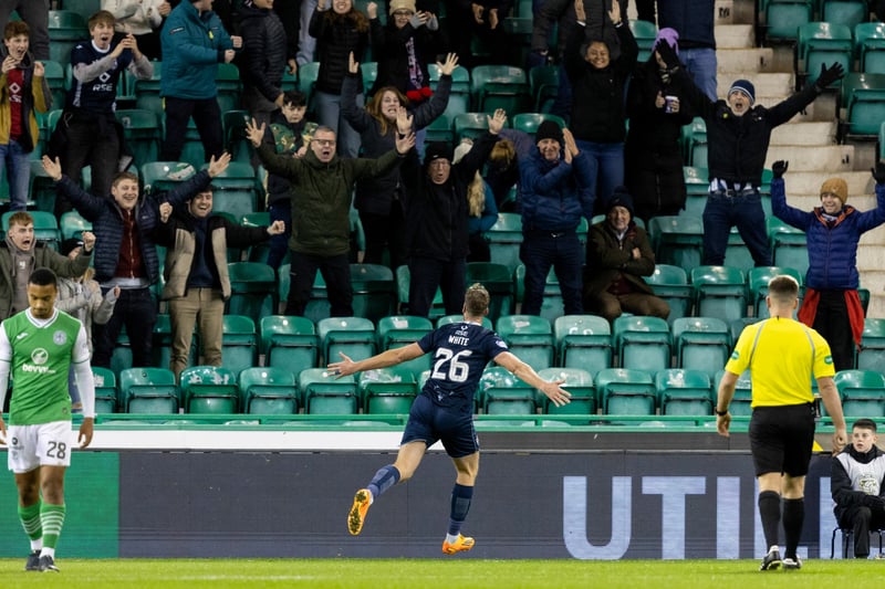Jordan White celebrates with the few Ross County fans as he makes it 2-2
