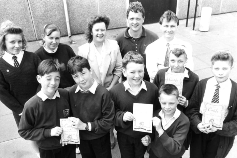 Staff and pupils from King George Comprehensive School line up to celebrate taking part in the Yellow Brick Road walk. Who remembers this from June 1991? Photo: Shields Gazette