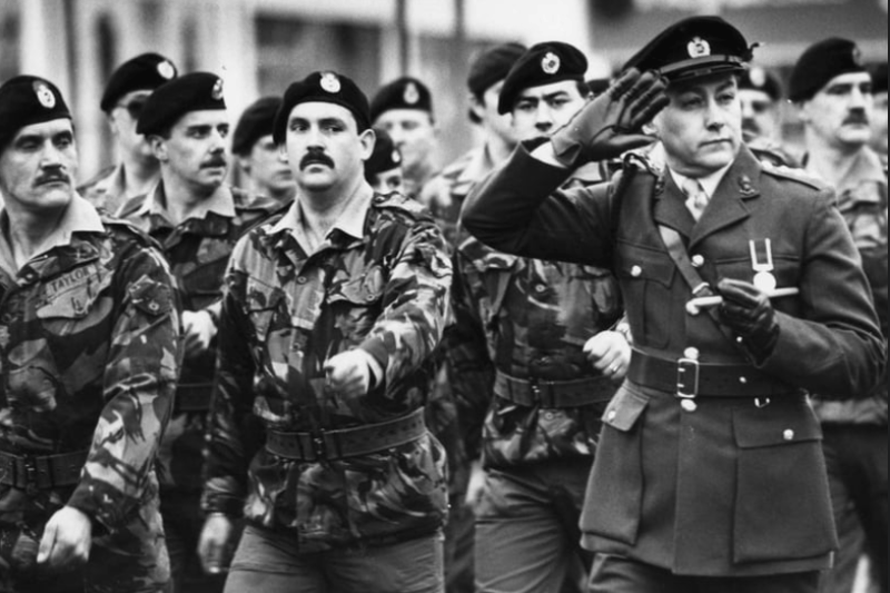 Members of the Royal Engineers salute the civic party on the steps of the Town Hall in November 1991. Photo: Shields Gazette