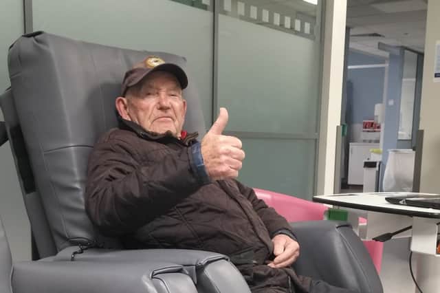 Sheffield legend Tony Foulds gives the thumbs up after being rushed to hospital with what his family thought was a mini-stroke. Photo: Dan Walker/Twitter
