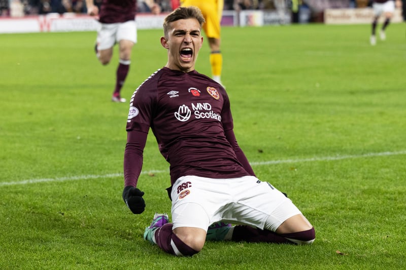 Kenneth Vargas celebrates his first goal for Hearts following a cross from Jorge Grant.