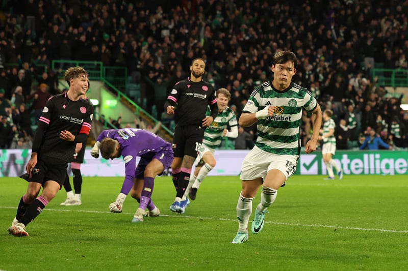 Oh Hyeon-gyu celebrates are scoring to put Celtic 2-1 in front against St Mirren. 