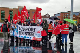 Unite union members call for support for steel on Sheaf Street in Sheffield