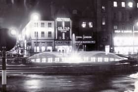The old Goodwin Fountain at the top of Fargate, in Sheffield city centre, is pictured here in 1961, with the jets of water illuminated following the official switch-on.