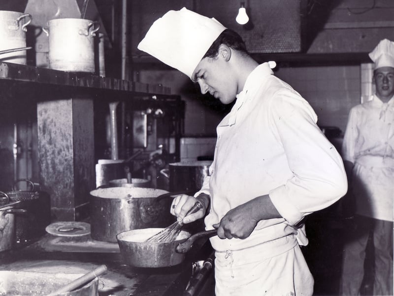 Apprentice chefs at the Grand Hotel, Sheffield, where David Colley is pictured preparing a fish sauce in October 1963