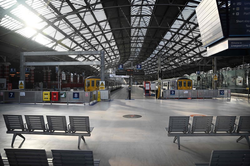 Liverpool Lime Street Station stands empty in June 2022 amid the biggest rail strike in over 30 years to hit the UK. 