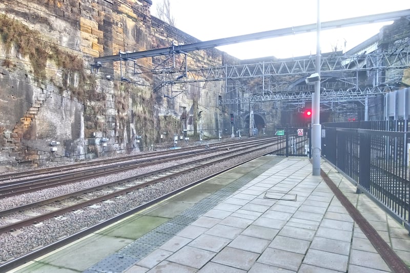 The view from the end of Platform 6 at Liverpool Lime Street looking eastwards up the cutting, which ends just before Edge Hill station. The original tunnel was cut in the 1800s.