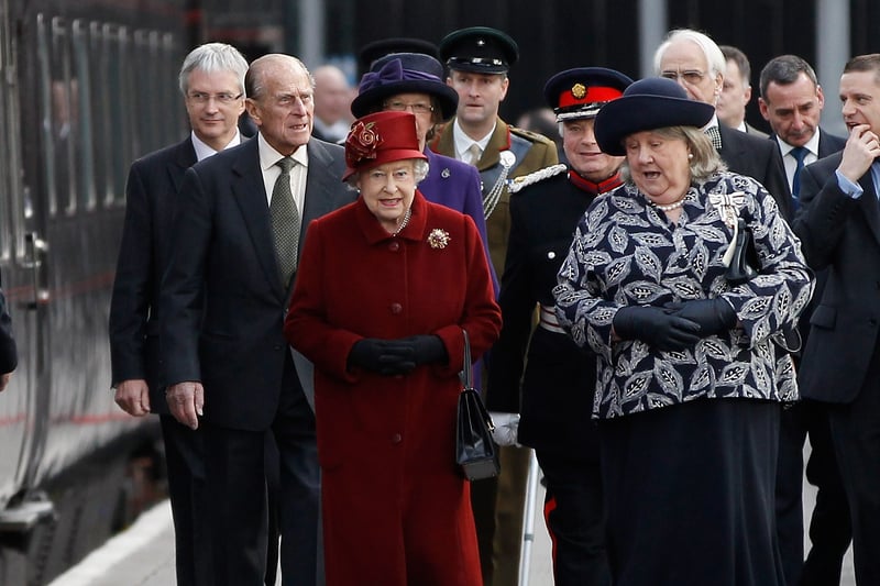 Queen Elizabeth II and Prince Philip, Duke of Edinburgh arrive at Lime Street by train for a day-long visit to Liverpool.