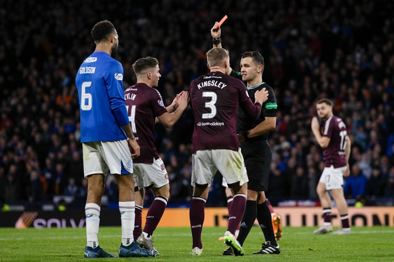 Stephen Kingsley is initially shown a red card before a VAR interjection rescinds the decision. 