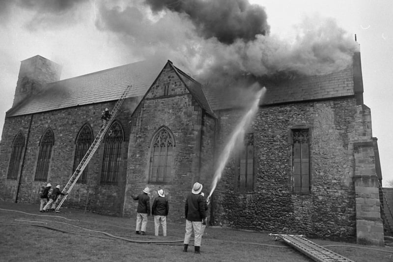 St Peter's Church in March 1984 when a fire broke out.
Parishioners later spoke of their 'deep gratitude' to the firefighters who saved it.