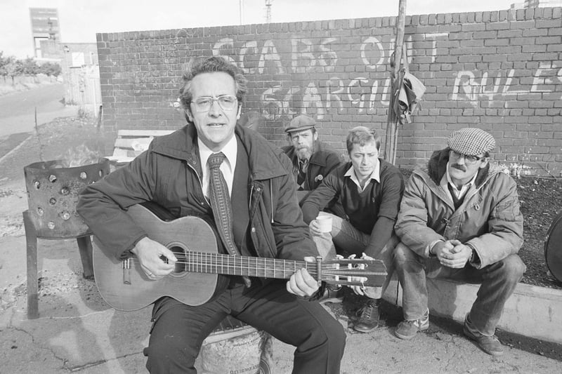Folk singer Alex Glasgow, Geordie folk singer was pictured outside Wearmouth Colliery before giving a concert for miners' families at Monkwearmouth Workmen's Club in October 1984.