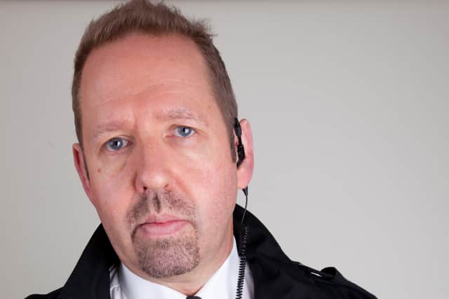 The Sheffield-born comedian Alfie Moore, who is a former police officer, in uniform