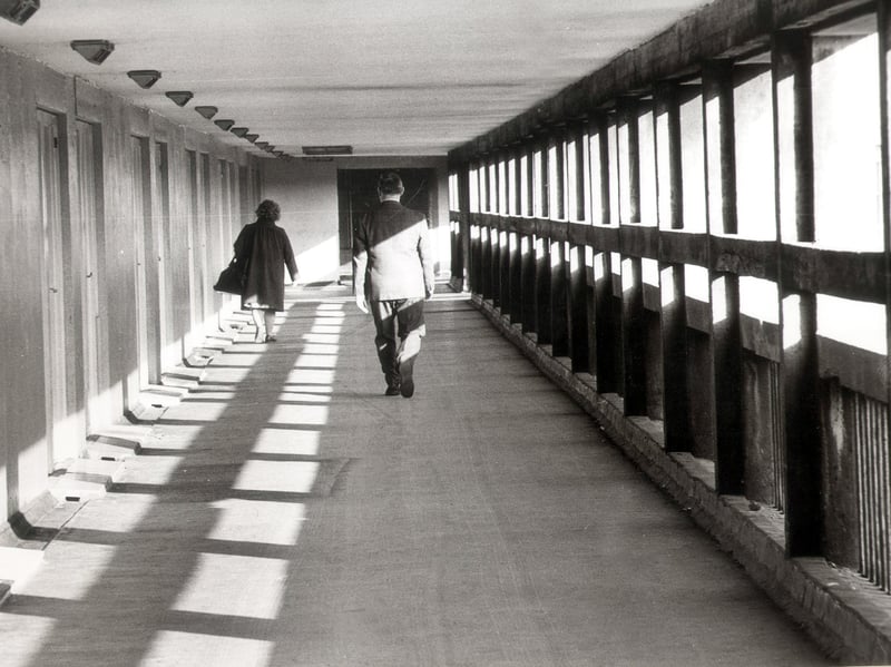 A walkway at Sheffield's Park Hill flats complex in January 1986
