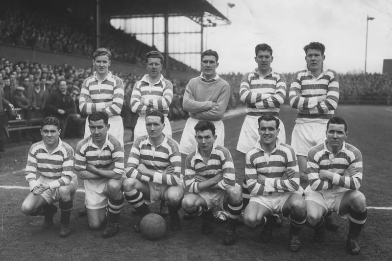 A Celtic team photo before their away match against Falkirk at Brockville Park in March 1955 (Back row left to right) J. Walsh, Bobby Evans, John Bonnar, Mike Haughney, Frank Meechan (Front row left to right) Bobby Collins, Sean Fallow, Jock Stein, Bert Peacock, Willie Fernie, Neil Mochan.