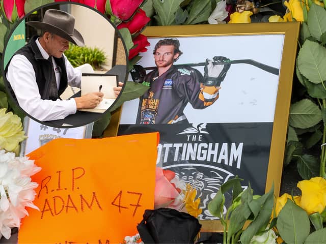 Clint Malarchuk (inset), wants a rule to make neck guards mandatory in ice ice hockey, after the death of Adam Johnson, pictured in tributes at Sheffield arena. Pictures: SWNS