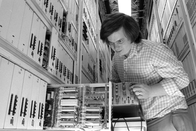 Technical officer Terry Woodhouse, tests one of the 380 junctions in the Sunderland North telephone exchange at Southwick in 1981.