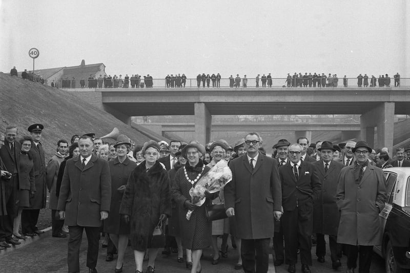 The opening of the new A690 road at Houghton in November 1970.
An official inspection of the road was led by Coun. Mrs M E Porter, chairman of Houghton Urban District Council, and Houghton MP Tom Urwin.