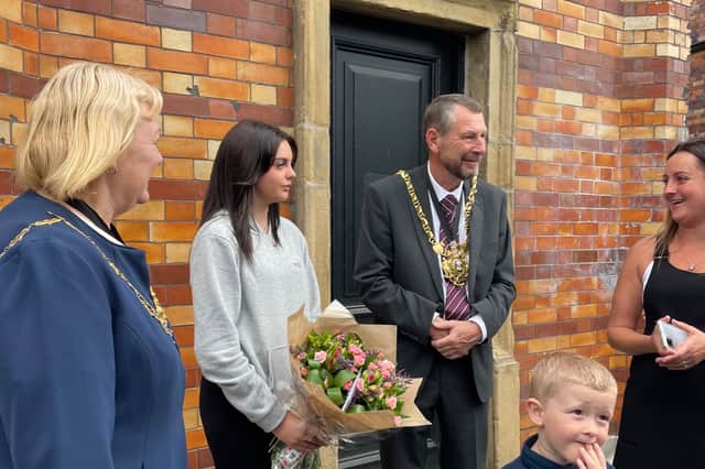 Lilly Holmes and her family with the Lord Mayor and Lady Mayoress of Sheffield, Colin and Susan Ross, at the unveiling of the plaque commemorating Lizzie the Elephant. Lilly had campaigned for the plaque honouring Lizzie's crucial wartime contribution