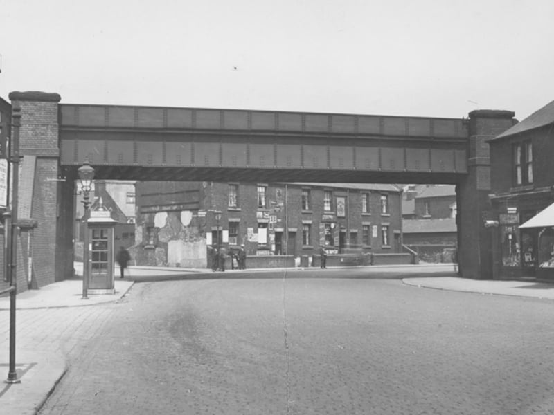 Meadowhall Road Railway Viaduct looking towards the junction with Naseby Street in June 1929
