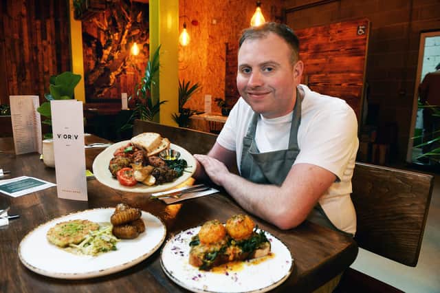 Head chef Danny Lynn with some of the dishes on the menu at V or V restaurant in Kelham Island, Sheffield