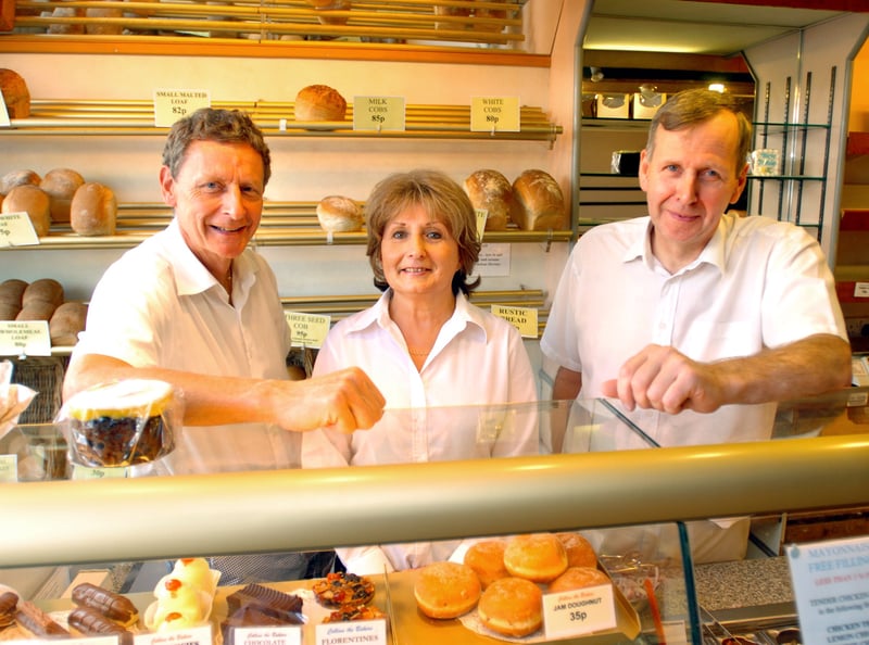 Collins Bakery Shop,Fulwood Road ,family retiring from the business LtoR. Peter, Linda and John Collins at Collins Bakery Shop, on Fulwood Road, Sheffield, in 2006