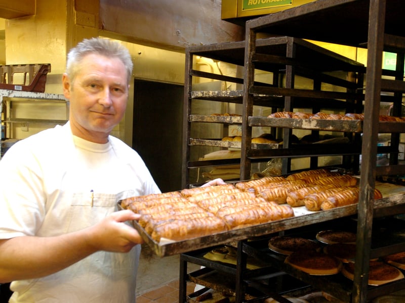Phillip Howarth with freshly baked sausage rolls at Dora Webster's bakery in Sheffield in 2006