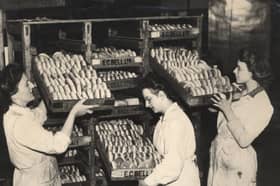Hot cross buns at the bakery of E. C. Bell, on Abbeydale Road, Sheffield. The year is unknown