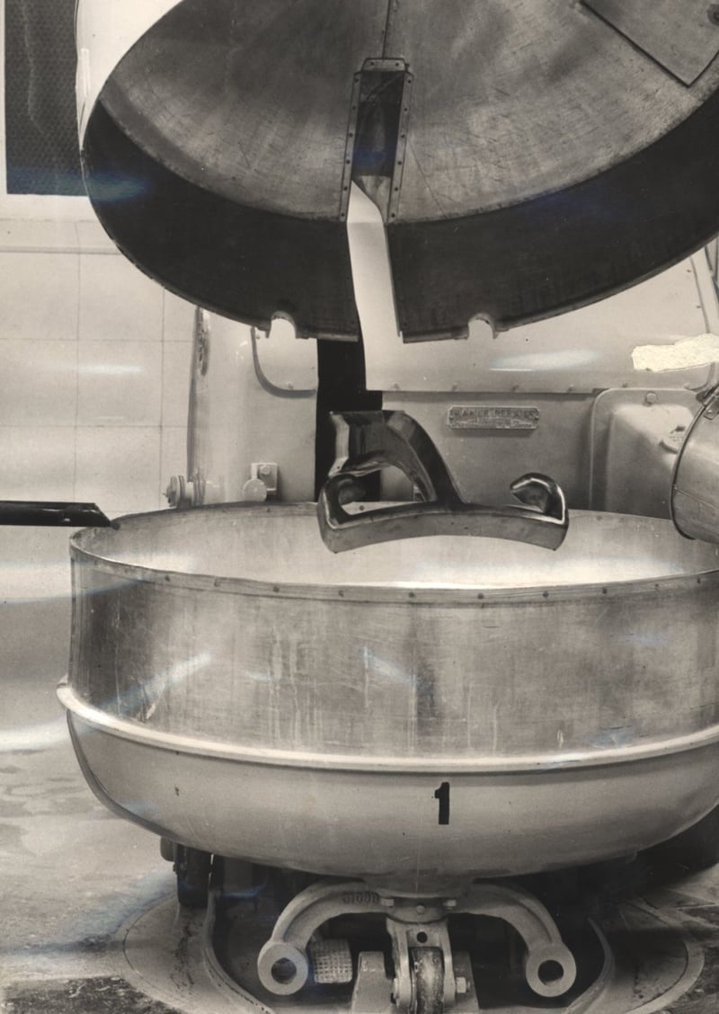 Dough being prepared for mixing at Newbould's new bakery, on Penistone Road, Sheffield, in December 1954