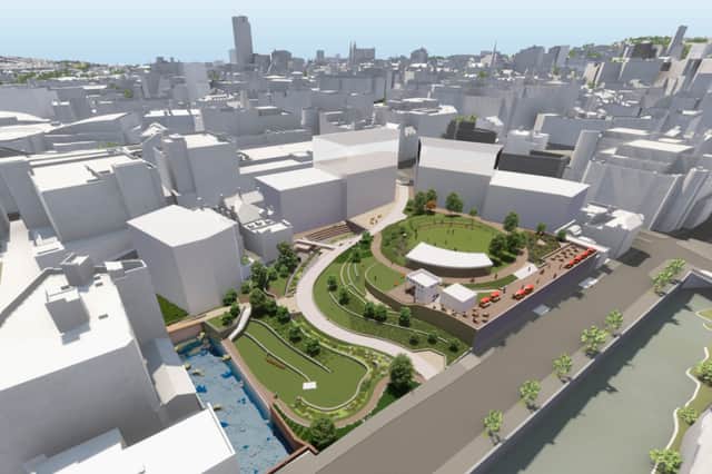 How the new riverside park at Castlegate in Sheffield city centre will look, with the River Sheaf opened up, the remains of Sheffield Castle on view and a huge new events space. Work transforming the old Castle Market site is set to begin in early 2024 and is scheduled for completion in summer 2025
