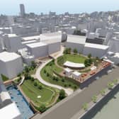 How the new riverside park at Castlegate in Sheffield city centre will look, with the River Sheaf opened up, the remains of Sheffield Castle on view and a huge new events space. Work transforming the old Castle Market site is set to begin in early 2024 and is scheduled for completion in summer 2025