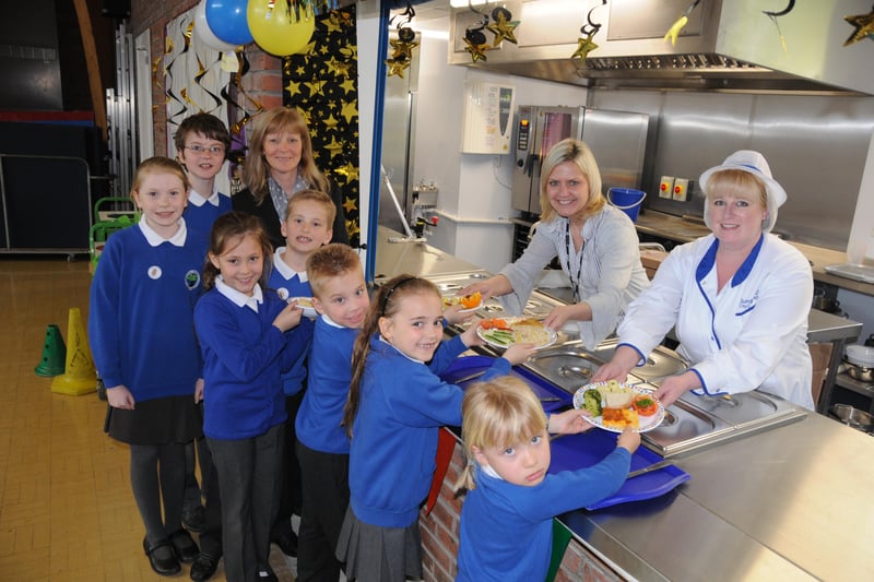 Pupils and staff in the new £100,000 kitchen in 2011.