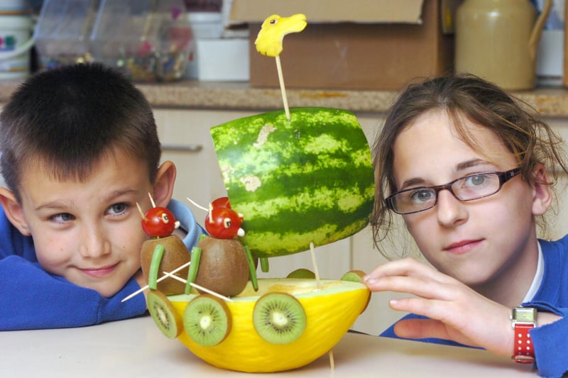 Lee Bratton and Georgie McEwan created a Viking ship out of fruit at the school's food and craft club in  2008.
