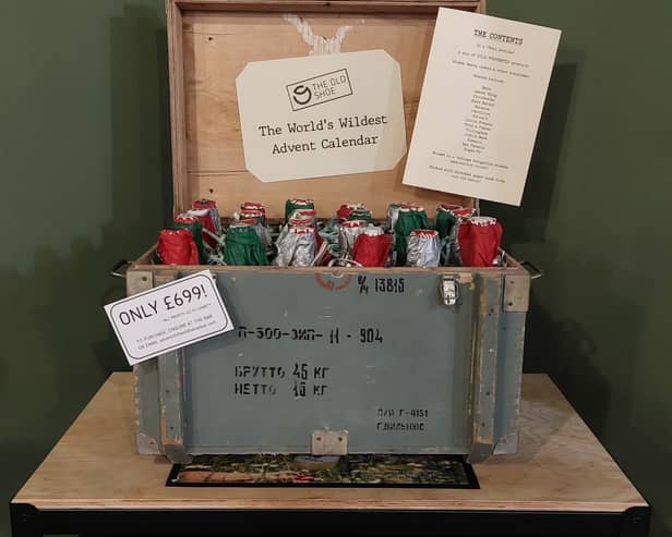 The Old Shoe is selling an advent calendar with 24 full-size bottles of rare booze in a Hungarian ammo box.