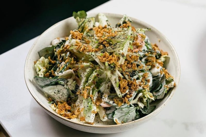 Five March caesar, daikon, kale, cucumber, apple, nori, crispy onions. A riff on the caesar salad, what could be an afterthought on other menus is made into the star of the show. 