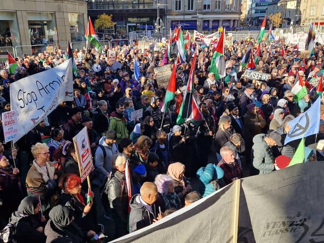Hundreds of people marched on Sheffield Town Hall calling for a ceasefire in Gaza.