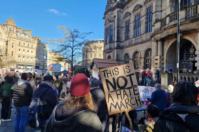 Man with placard at Sheffield Town Hall. Home secretary Suella Braverman had described pro-Palestine demonstrations as 'hate marches'.