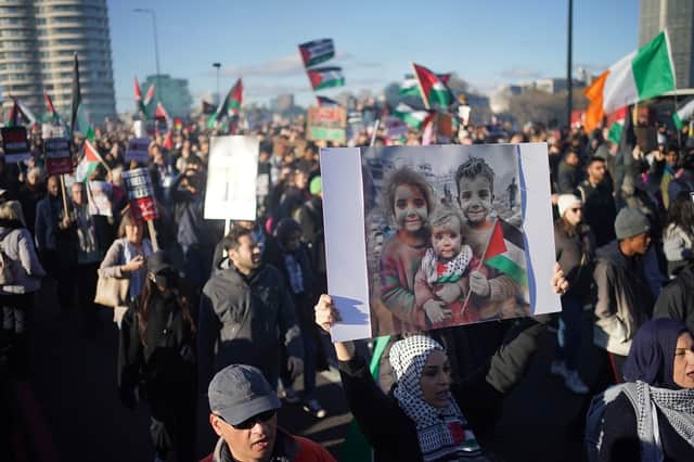 Pro-Palestine march: Speakers read out names and ages of 50 Palestinian children killed in recent attacks. Picture: Victoria Jones/PA Wire