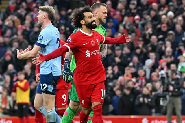 Mohamed Salah of Liverpool celebrates after scoring the opening goal during the Premier League match between Liverpool FC and Brentford FC at Anfield on November 12, 2023 in Liverpool, England. (Photo by John Powell/Liverpool FC via Getty Images)
