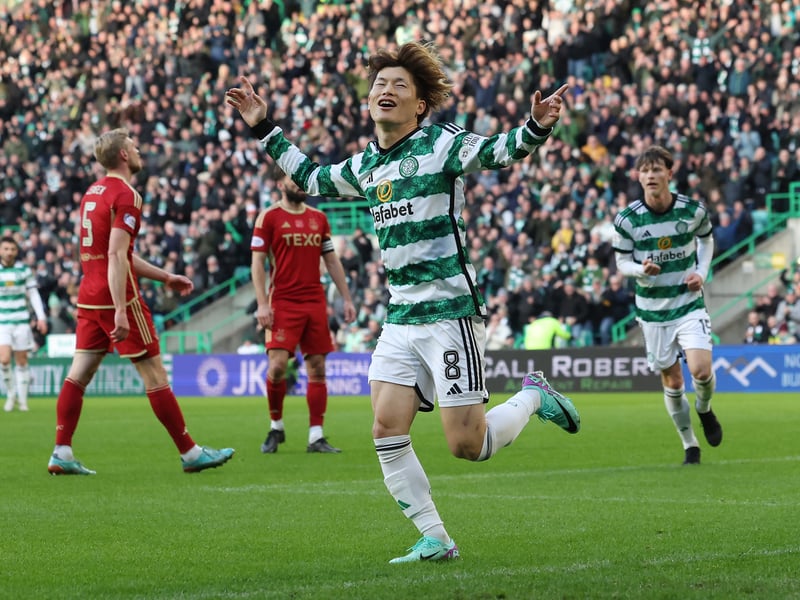 Kyogo Furuhashi scores for Celtic to double their lead against Aberdeen at Parkhead.
