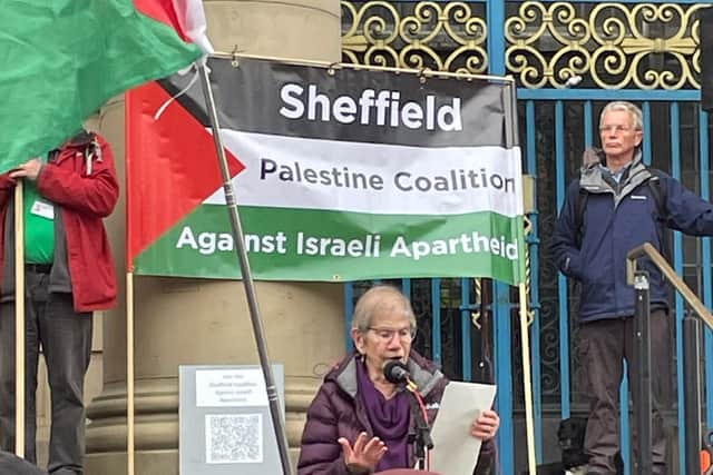 Leni Solinger speaking at a rally at Sheffield City Hall