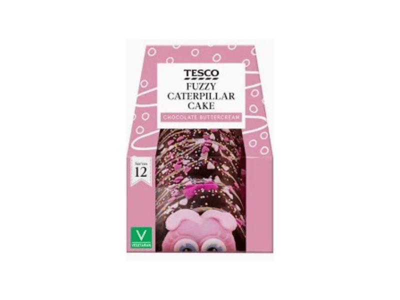 Tesco also sells Fuzzy, a pink-themed caterpillar cake with a chocolate face and various love heart shaped decorations. Fuzzy costs £7.50 and serves 12. 