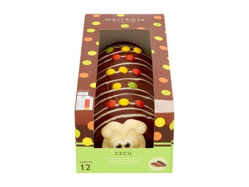 Stripped back on the sweetie decorations, but featuring a chocolate face, Waitrose’s caterpillar cake is named Cecil. He serves 12 for £8.50.