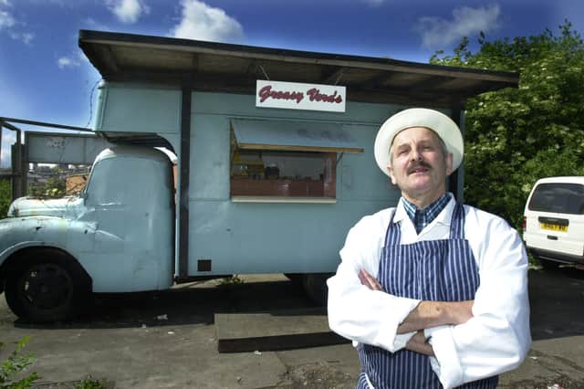 John Smith at Greasy Vera's takeaway van in Sheffield. His daughter Michelle Dickinson is fundraising for a play about it.
