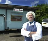 John Smith at Greasy Vera's takeaway van in Sheffield. His daughter Michelle Dickinson is fundraising for a play about it.