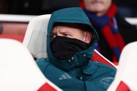 Aaron Ramsdale of Arsenal looks on from the substitute bench during the UEFA Champions League match between Arsenal FC and Sevilla FC at Emirates Stadium on November 08, 2023 in London, England. (Photo by Clive Rose/Getty Images)