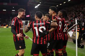 Dominic Solanke of AFC Bournemouth celebrates with teammates after scoring the team's first goal during the Premier League match between AFC Bournemouth and Newcastle United at Vitality Stadium on November 11, 2023 in Bournemouth, England. (Photo by Eddie Keogh/Getty Images)