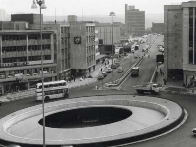 Sheffield's Hole in the Road underpass, officially known as Castle Square, looking towards Arundel Gate, in 1968. The shops visible include Blaskeys (Wallpapers), 44 Kendall and Sons rainwear store, Roger Sherwood hairdressers and Walsh's department store